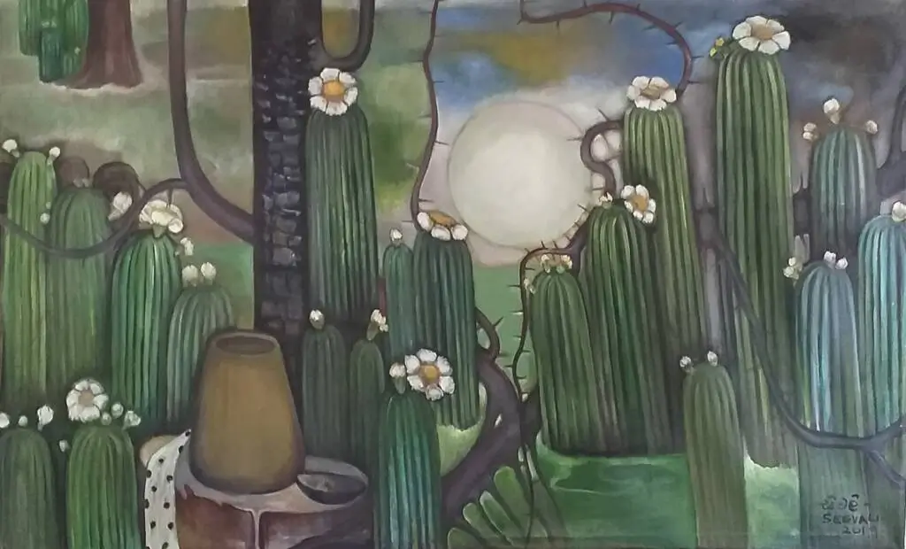 A vibrant painting depicting cactus plants and colorful flowers set against a lush forest backdrop.