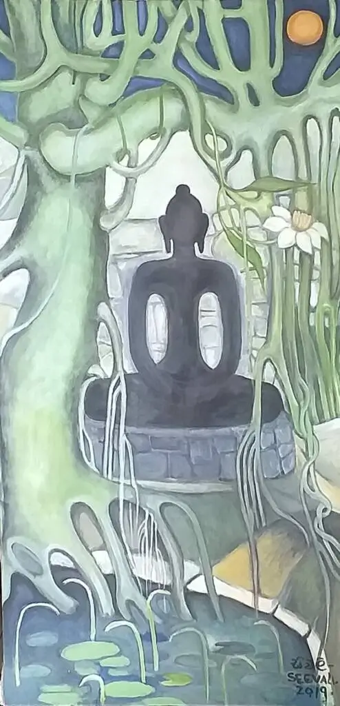A serene painting of a large Buddha statue peacefully situated in a tranquil pond, surrounded by gentle reflections.