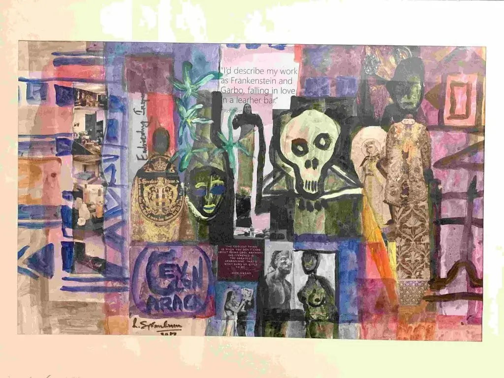 A colorful painting featuring a collage of diverse images and words, creating a vibrant visual narrative.