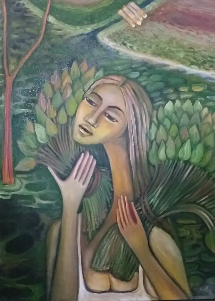 A painting depicting a woman gracefully holding a vibrant bunch of green and rose flowers, showcasing her connection to nature.