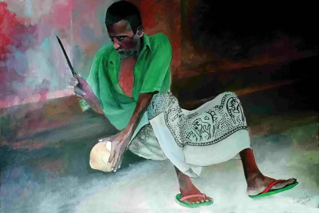 A painting depicting a man seated on the ground, holding a knife, conveying a sense of contemplation and tension.
