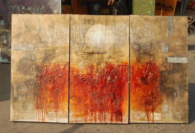 Three vibrant paintings featuring rich red and gold hues, showcasing an elegant and artistic composition.