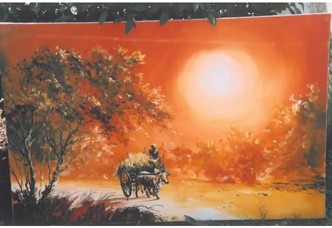 A painting depicting a man riding a horse-drawn cart, showcasing a serene rural landscape in the background.