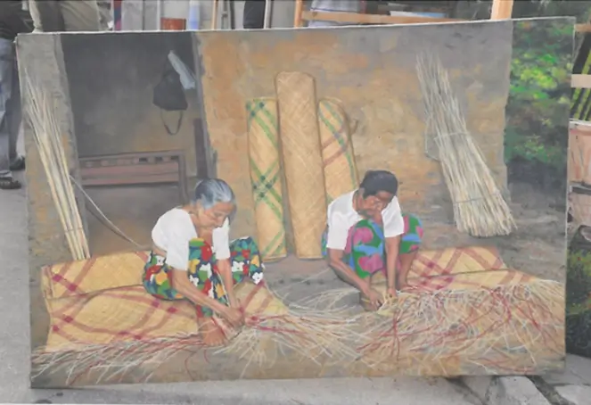 A painting depicting two women diligently crafting a piece of straw, showcasing their skill and collaboration in the art.
