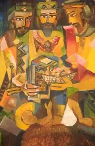 An artwork featuring three men with a baby, illustrating the essence of nurturing relationships and local cultural life.